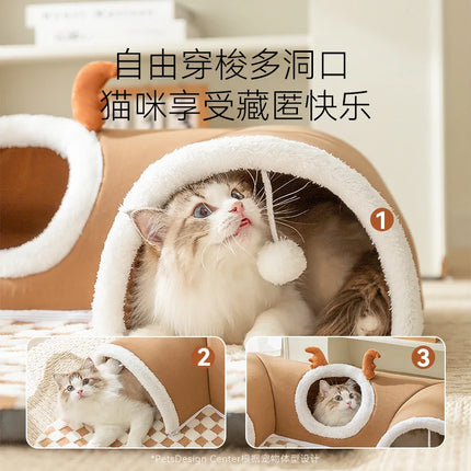 Winter Indoor Warm Plush Cat Bed with Reindeer Appearance Hide and