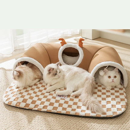 Winter Indoor Warm Plush Cat Bed with Reindeer Appearance Hide and